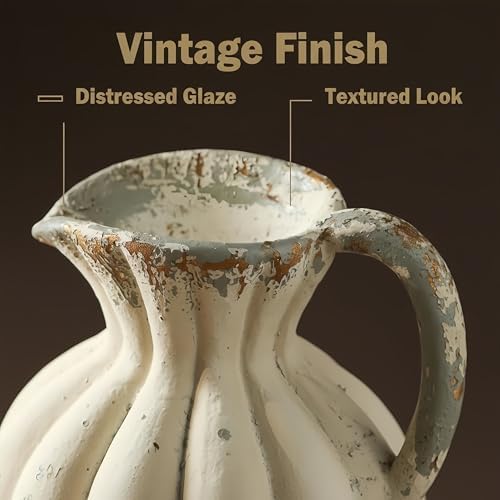 GCVNEX12.2 Inch Vintage Pitcher Planter Urn, Magnesium Oxide Decorative Flower Pot, Rustic Farmhouse Shabby Chic Plant Pot for Indoor Outdoor Home Garden Patio Mantel Entryway Decor (A3364) - Image 4