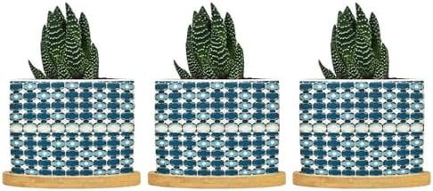 Blue Geometric Planters Ceramic Blue and White Round Plant Pot with Drainage Holes and Bamboo Tray Pot for Outdoor Garden Home Plant by BRUYU5SE