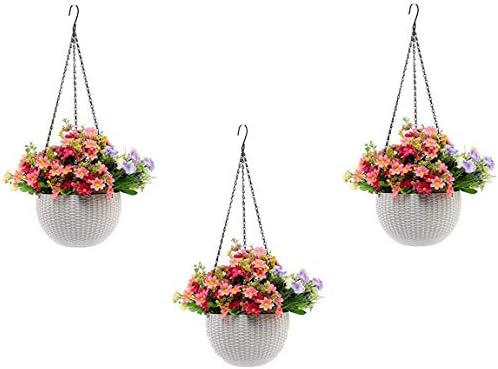 Plastic Hanging Flower Pots –Planters with Chain, 7.1 Inch Diameter, for Indoor Outdoor Balcony Garden, Lightweight Plant Holders for Home Decor Set of 3 (White) by Unknown