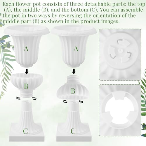 AceOrbit 4 Pack 12" Large Plastic Urn Planters, Pedestal Flower Plant Pot White Plant Stand for Wedding, Party, Event, Home, Stage, Garden, Balcony Decoration - Image 3