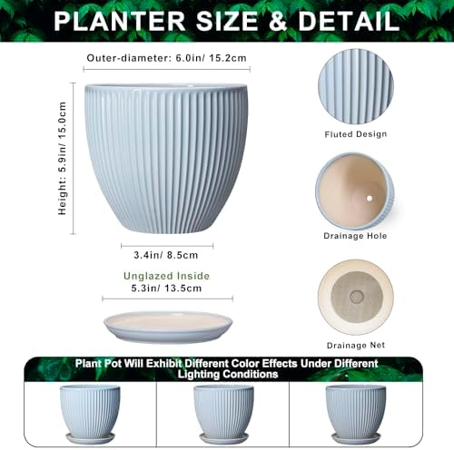 Ceramic Flower Pots, 6 Inch Plant Pot for Indoor Plants, Modern Ceramic Planter with Drainage Hole and Saucer, Small Orchid Pots, Home Decor, Gifts for Plant Lovers Women Men, Light Blue - Image 2