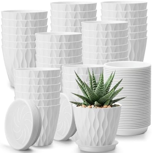 48 Pack 4 Inch Plant Pots for Succulent Drainage, White by Acellegic