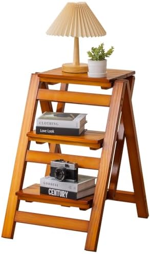 Latifolia Foldable 3 Step Ladder, Wooden Step Stool with Floor Saver, Decorative Ladder Shelf for Living Room, Kitchen, Garden(Walnut) by Latifolia