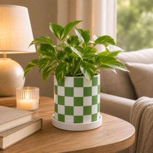Checkered Ceramic Planter Pot with Drainage Hole and Saucer, Black and White Planters Decor,Indoor Cylinder Round Planter Pot (Green, Medium) - Image 4