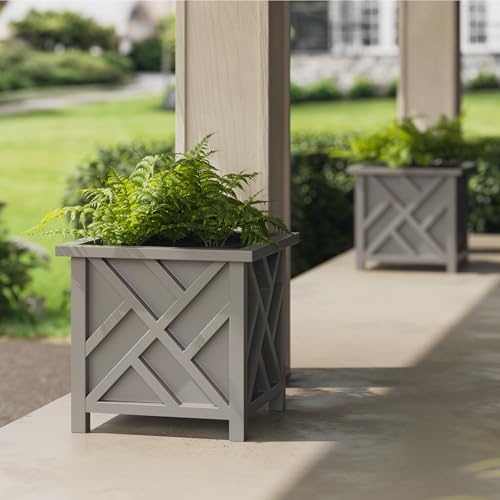 Lattice Design Outdoor Planter Box 2-Pack - 15.5” Square 16.5” Tall Gray Decorative Plant Pots for Front Porch Decor - Flower Pots Outdoor Planters for Porch Patio or Garden Decor by Pure Garden by PureGarden