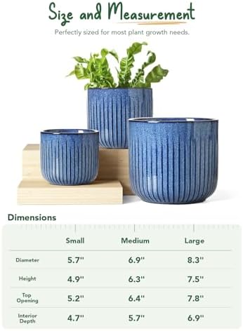 LE TAUCI Ceramic Plant Pots, 8.3/7/6 Inch Indoor Planters with Drainage Holes & Mesh, Modern Glossy Glaze Cylinder Fluted Flower Pot for Snake Plant, Set of 3, Harbor Blue - Image 5