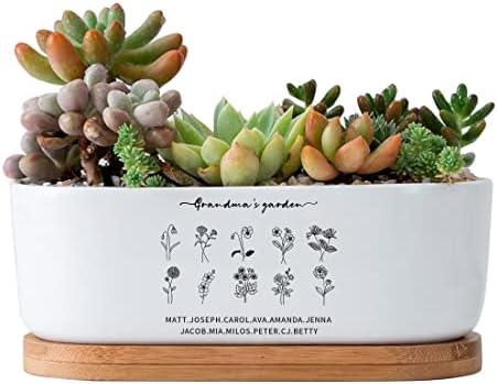 Personalized Birth Month Flower Plant Pot with Kids Names,Custom Grandma's Garden Ceramic Succulent Planter with Bamboo Tray Indoor Outdoor Home Decor Plants, for Mom Grandma,A6 by Uitwaieen