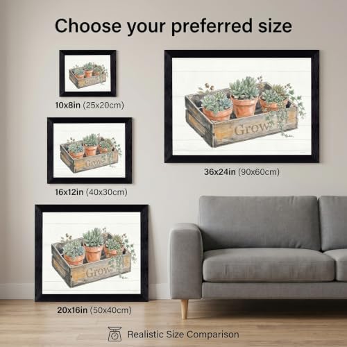 Framed Canvas Wall Art Watercolor Potted Succulents Ivy Muted Earthy Sage Green Canvas Print Poster Black Frame Wall Decor for Kitchen Rustic Farmhouse Decor, Plant Lover Gift - Inch 16x20 - Image 3