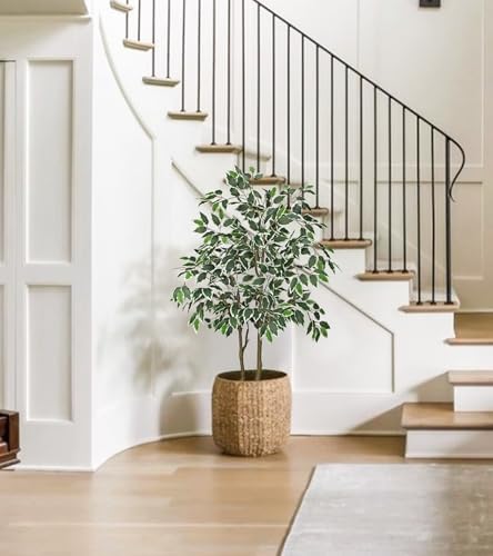 2 Pack Artificial Ficus Tree 4ft Silk Fake Ficus Leaves Plant 120cm Potted Faux Ficus Tree with Decorative Moss Dual Trunks Indoor Outdoor Big Fake Plants with Pot for Home Garden Office Livingroom - Image 5