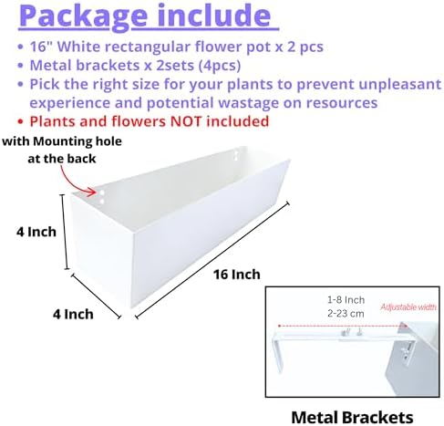 LaLaGreen Planter Boxes Outdoor (16 Inch, 2 Pack) White Metal Rectangular Railing Flower Box with Brackets, Deck Railings Planters for Plants Fence Balcony Patio Porch Modern Garden Decor Over Rail - Image 2