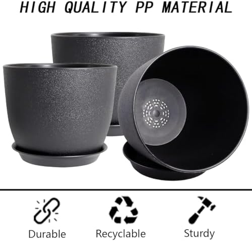 10 Inch Planting Pots Set of 3, Outdoor Planters for All House Plants Black Plastic Flower Pots Modern Decorative Garden Pot with Saucer - Image 3