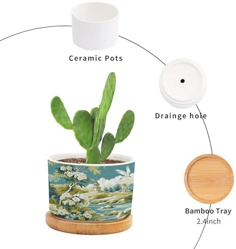 Garden Planters Ceramic Green Chinoiserie Floral Bird Round Plant Pots with Drainage Holes and Bamboo Tray Pot for Indoor Outdoor Garden - Image 3