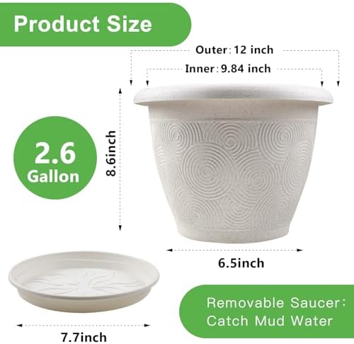 Plastic Flower Pots Planters For Indoor Plants, 4 Pack 12 Inch White Plant Pots With Drainage Hole & Tray, Modern Decorative Large Plant Pot With Saucer For Indoor Outdoor Plants Garden House Planter - Image 3