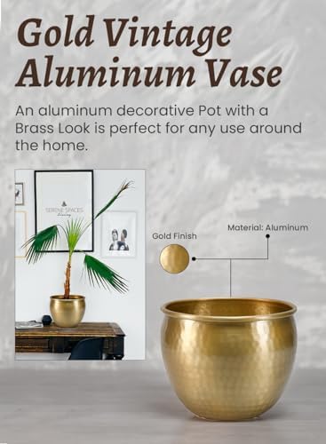 Serene Spaces Living Gold Brass Look Vintage Aluminum Vase - Perfect Decorative Accent for Plants, Weddings, and Events, Metallic Pot for Home, Medium, Measures 9" Diameter and 7" Tall - Image 6