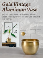 Serene Spaces Living Gold Brass Look Vintage Aluminum Vase - Perfect Decorative Accent for Plants, Weddings, and Events, Metallic Pot for Home, Medium, Measures 9" Diameter and 7" Tall - Image 6