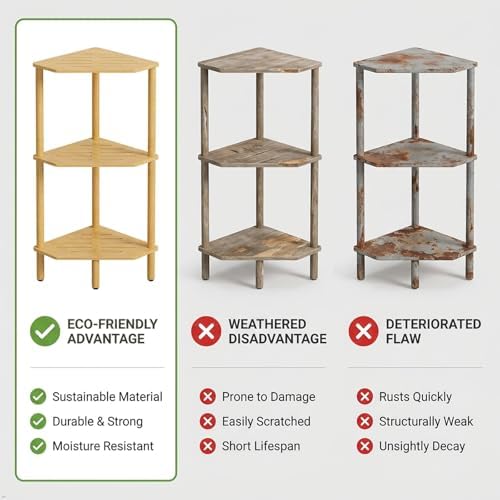 3 Tier Bamboo Corner Shelf, Storage Stand with Adjustable Feet, Small Spaces Corner Bookshelf, Plant Stand, Space-Saving Organizer Shelves, Small Corner Table for Bathroom Kitchen Living Room - Image 6