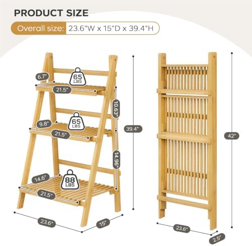 Foldable Ladder Shelf 39.4", Plant Shelf 3 Tier, Bamboo Ladder Bookshelf - Image 3