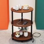 Small Round Side Table - 3-Tier Oval Accent Table for Small Spaces, Rustic Wood and Metal Nightstand for Living Room or Bedroom, with Built-in USB Ports and Power Outlet, Rustic Walnut by RISWER