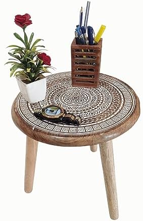 VANIYA CRAFTS® Wooden Engraved Fold-able Side Table/End Table/Plant Stand/Stool for Living Room Bedroom Restaurant Kids Play Furniture Table Round Shape (Natural White 2) - Image 3