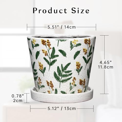 5.5 Inch Decorative Plant Pots, Round Ceramic Planters for Indoor Plants Pots with Drainage Hole Saucers, Lemon Green Leaves Ceramic Flower Pots Retro Planter Pot for Succulents Cactus Outdoor Garden - Image 3