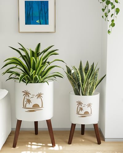 2 Set Plant Pot with Stand 10 & 12 inches – Large Indoor Pots for Plants with Solid Oak Wood Stand & Drainage, Palm，White ＆ Gold - Image 3