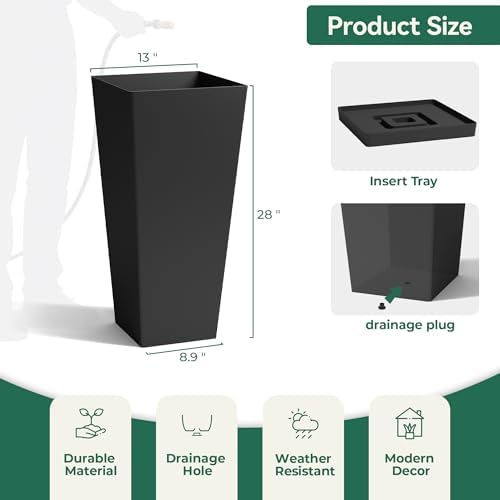 Worth Garden Large 28 in.Tall Planters Set of 2 for Indoor and Outdoor, Heavy Duty Plastic Black Modern Taper Flower Plant Pots with Drainage Hole and Dual-Purpose Tray for Front Porch, Patio - Image 4