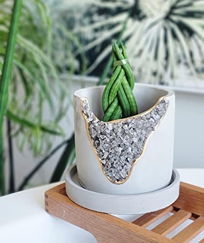 4 Inch Crystal Plant Pot with Saucer - Cement Geode Planter - Concrete Pots for Plants - Modern Succulent Pot Indoor - Unique Air Plant Holder - Candle Holder - Small Plant Home Decor (Smoky Quartz) - Image 6