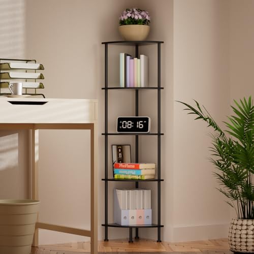 5-Tier Corner Shelf Stand, 52" Industrial Corner Display Rack for Living Room, Bookshelf, Tall Display Shelf, Plant Stand, Storage Standing Shelf for Bedroom, Bathroom, Kitchen, Black - Image 2