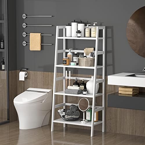 Homykic Bamboo Ladder Shelf and Bamboo Laundry Hamper Bundle, White - Image 5