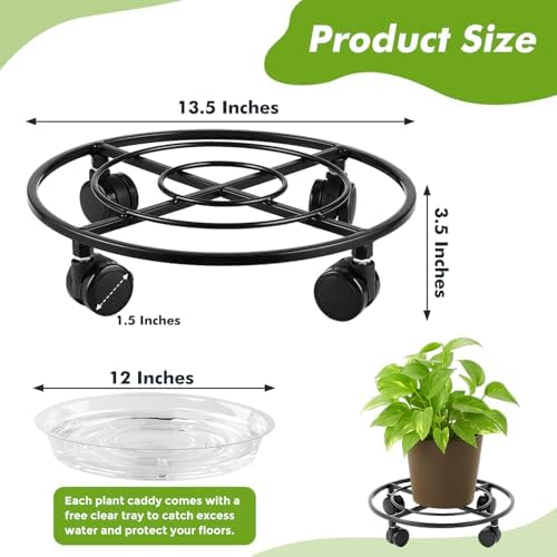 Planterhoma 3 Packs Large Metal Plant Caddy 13.5" Heavy-duty Plant Dolly with Wheels Iron Rolling Plant Stand with Casters Indoor Outdoor Plant Pot Movers Rollers Coaster Trolley, Black - Image 4