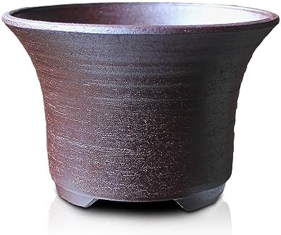 Bonsai Pot Round Striped Pattern Shi-dei-Ara-dei (Purple mud) Yokkaichi Banko-Yaki deep Type Ceramic Wildflowers houseplants Agave Baby Bonsai Cactus Miscellaneous Pine and Oak 4.7” Small by Unknown
