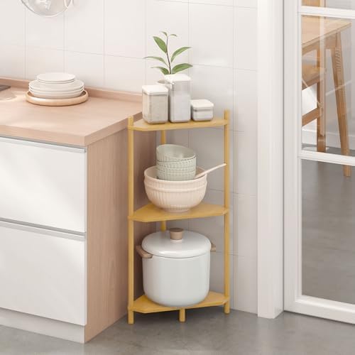Wisuce Natural Small Corner Shelf Stand, 3-Tier Bamboo Corner Bookshelf - Image 3