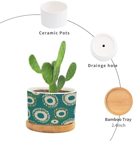 Green and Bukhara Ikat Ceramic Planters Peacock Strip Print Pots for Plants with Drainage Holes and Saucers Pot for Succulents Cactus Garden Windowsill - Image 3