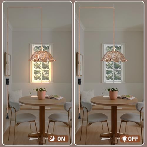 Plug in Pendant Light Fixtures,Hanging Light Fixture Amber Glass Pendant Light 10.6in E26 Pendant Lighting for Kitchen Island, Bedroom, Dining Room, Living Room - Image 4