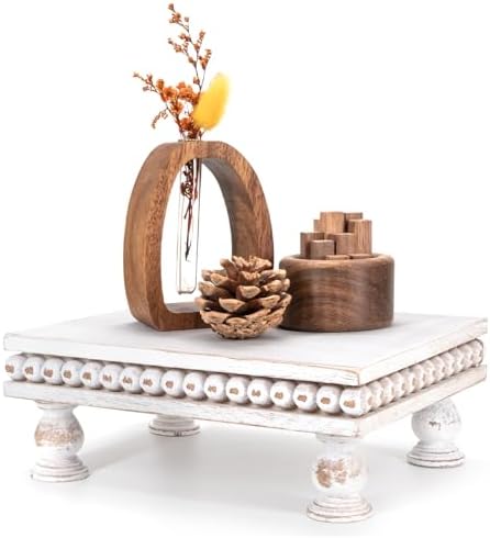 EOSAHR Wood Riser with Beaded: Pedestal Stand for Farmhouse Decor,Whitewash by EOSAHR
