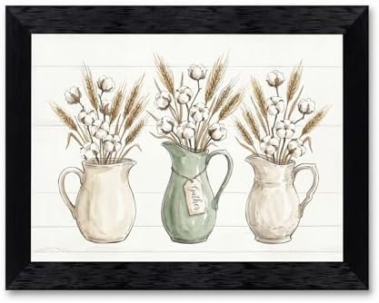 Framed Canvas Wall Art Vintage Watercolor Pitchers Cotton and Wheat Sage Green Gather Script Canvas Print Poster Black Frame Wall Decor for Farmhouse Dining Room Kitchen, Rustic Decor - Inch 24x36 by Unknown