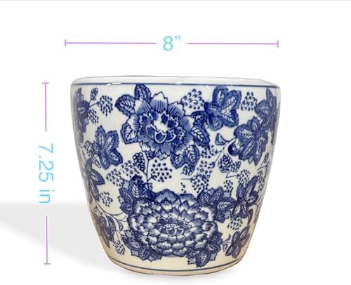 8" D Beautiful Oriental Peonies Flowers & Leaves Blue & White Ceramic Planter Pot - Image 4