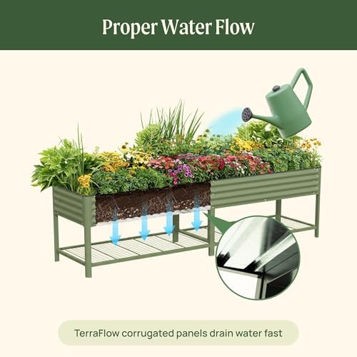 Vego garden Elevated Raised Garden Bed, 2.5' x 10' Outdoor Planters Box with Legs & Storage Rack for Patio, 2000+ Lbs Weight Capacity, Raised Beds for Gardening Herbs Vegetables, Olive Green - Image 5