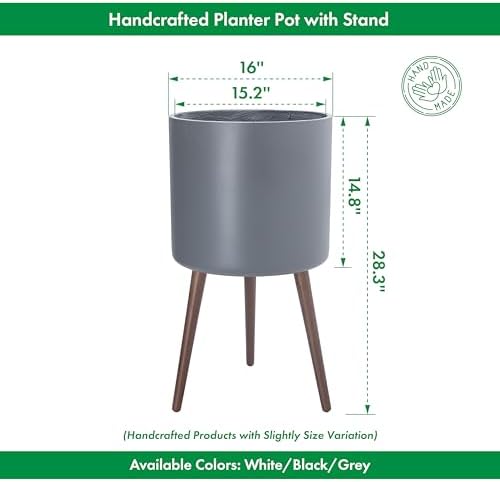 D'vine Dev 16 Inch Planter Pot with Wood Stand, Grey, 88-O-E-3 - Image 3