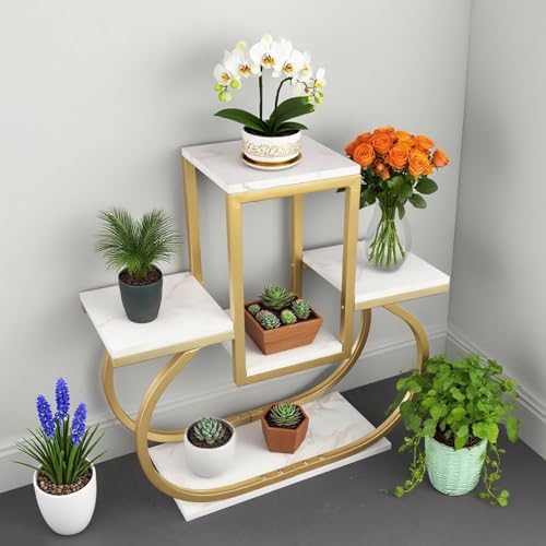 Golden Plant Stand Indoor Display Shelf, 26.96" Tall Planter Rack, 5-Tier Flower Stand with Square White Wood Shelves, Geometry Metal Plant Shelf Flower Pot Holder for Living Room Bedroom Outdoor Balcony Office Corner - Image 6