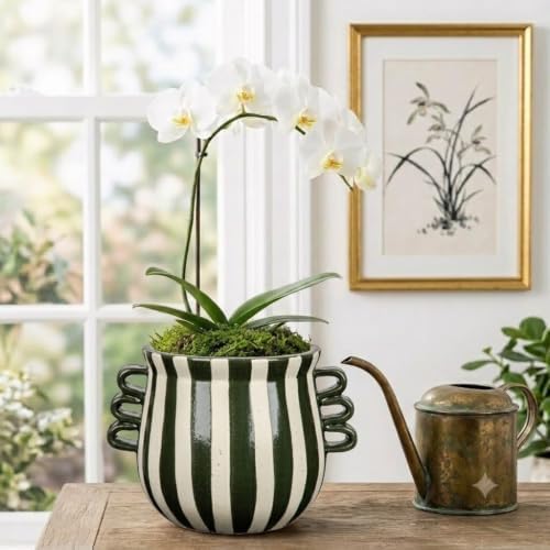 Ceramic Planter Pot Modern Striped Triple Handle Flower Pot No Drainage - Image 3