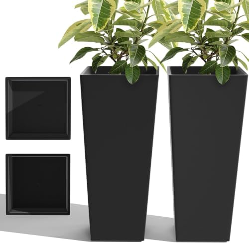 24in Tall Planters Set of 2 with Saucers, Black Classic by PolarcoForgeco