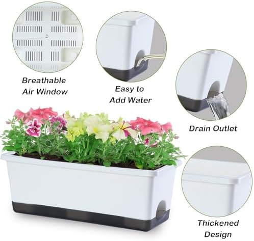 Oliz Window Box Planter 8 Pcs, 17 Inches Rectangle Flower Pots with Drainage Holes & Trays, Vegetable Planters for Windowsill Patio Garden Balcony Home Indoor Outdoor (White, 16 * 7 * 6 inch) - Image 3