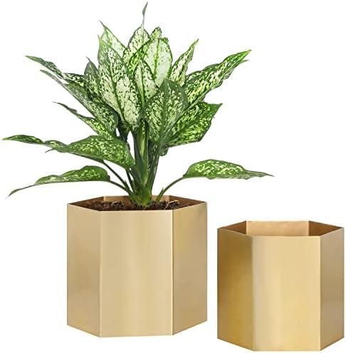 MyGift Metallic Brass Metal Hexagon Planter Pots Set of 2 Handmade in India by MyGiftHome