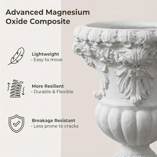 22" Planters for Outdoor Plants- Vintage Roman Relief Magnesium Oxide Outdoor Flower Pots, Decorative Large Urn Planter, Lightweight Garden Vase for Patio, Yard, Porch, Home Decor - Image 3