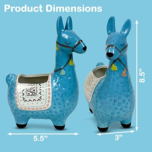 Ceramic Llama Planter for Succulent Plants Cute Alpaca Decor for Home, Office 8 1/2 Tall with Drain Holes Perfect for Cactus or Small House Plant Decoration (Blue) - Image 3