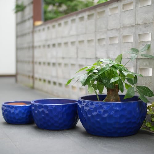 15" Handmade Ceramic Planters, Set of 3, 15/12/10 Inch, Antique Blue by Noeko