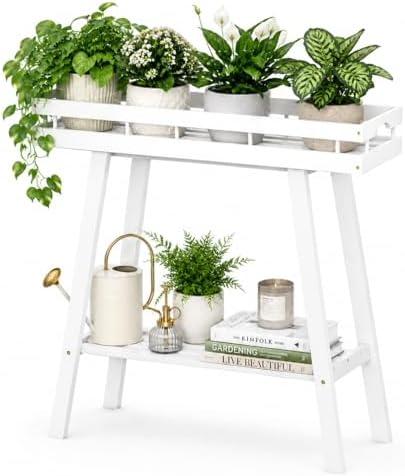 BAMBANG Bamboo Plant Stand Indoor, 2 Tier Small Plant Table, Tall Plant Stand for Indoor Plants, Window Sill Plant Shelf, Flower Pot Holder Plant Bench Plant Rack for Living Room, White by BAMBANG