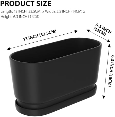 13" Rectangular Ceramic Planter with Drainage and Saucer, Black - Image 2