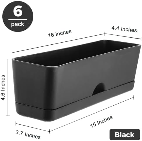 6 Pack Rectangle Planter 16x4.4 Inch Window Boxes Planters Rectangular Window Sill Planters Indoor Self Watering Plant Pots with Drainage Holes and Saucers Succulent Herb Flower Pots, Black - Image 3